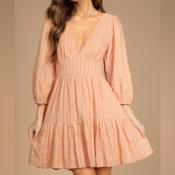 Lulus Dresses & Skirts - Lulus Light Orange Plaid Backless Long Sleeve Mini Dress size Medium M